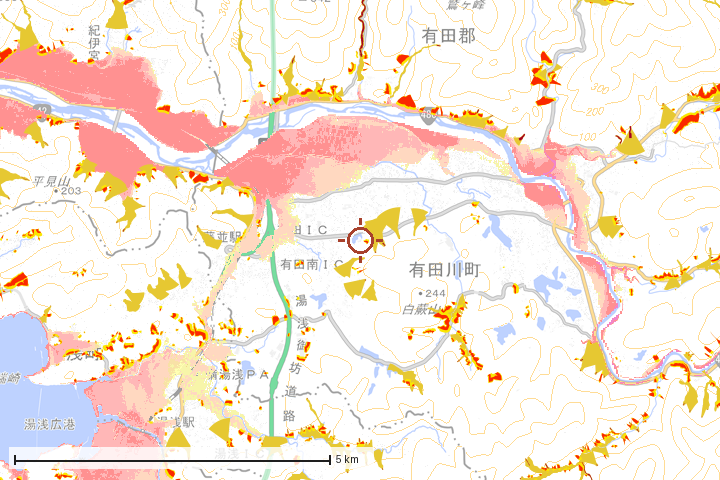 有田川町周辺のハザード重ね図