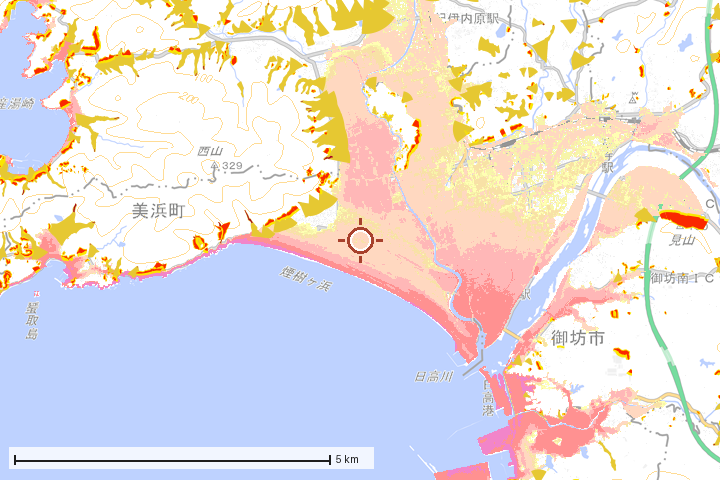 美浜町周辺のハザード重ね図