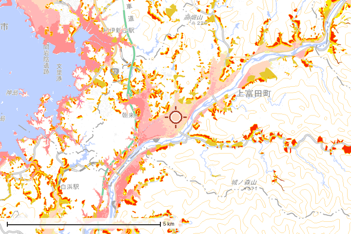 上富田町周辺のハザード重ね図