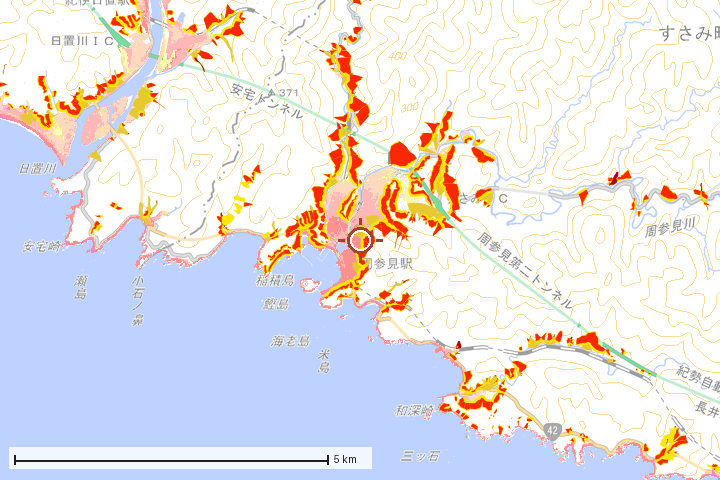 すさみ町周辺のハザード重ね図