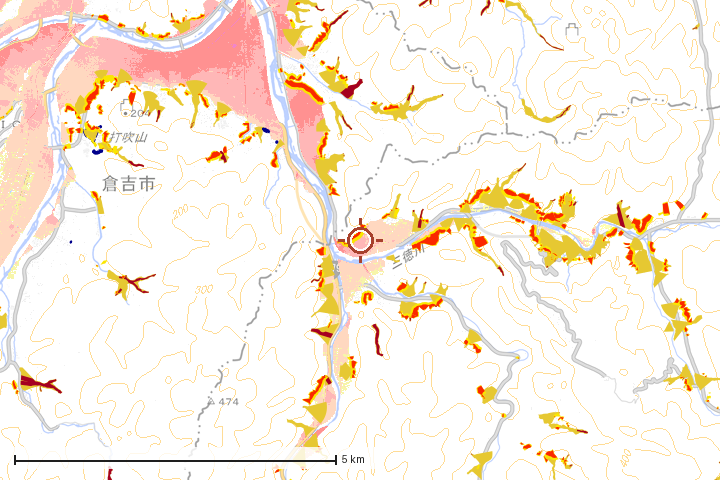 三朝町周辺のハザード重ね図