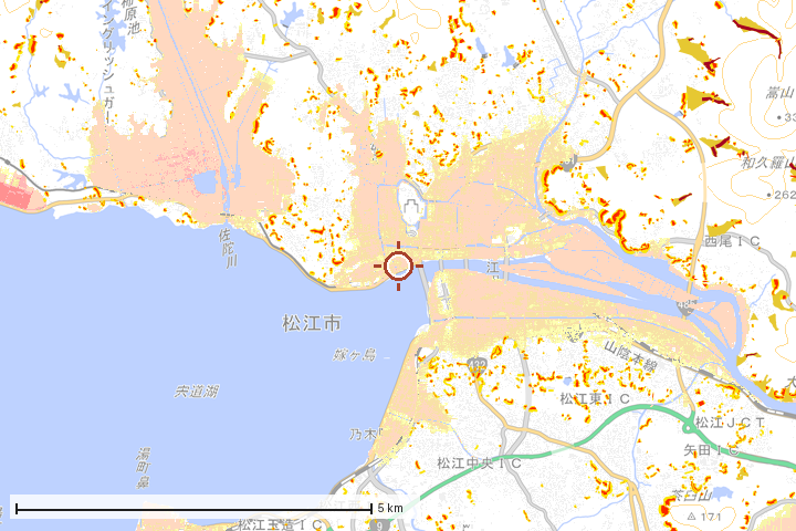 松江市周辺のハザード重ね図