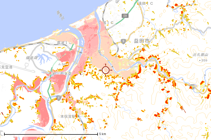益田市周辺のハザード重ね図