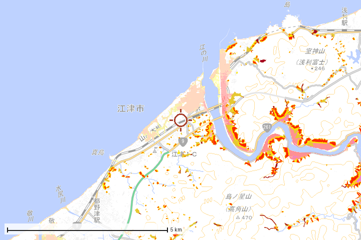 江津市周辺のハザード重ね図