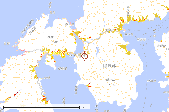 西ノ島町周辺のハザード重ね図