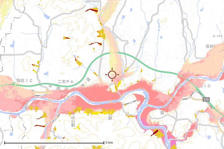 津山市周辺のハザード重ね図
