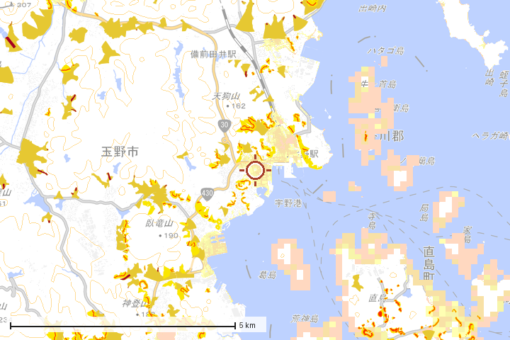 玉野市周辺のハザード重ね図