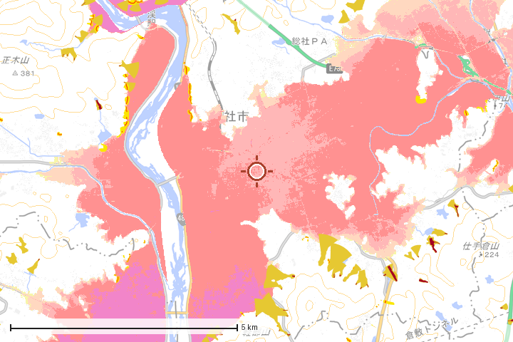 総社市周辺のハザード重ね図