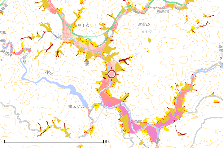 新見市周辺のハザード重ね図