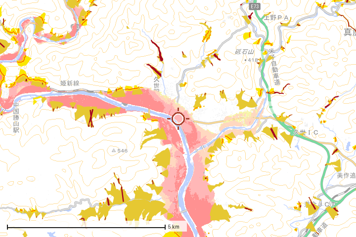 真庭市周辺のハザード重ね図