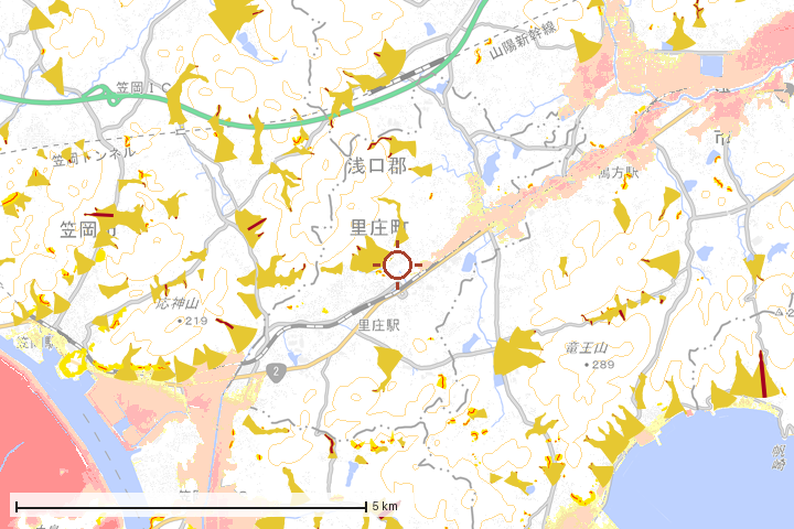 里庄町周辺のハザード重ね図