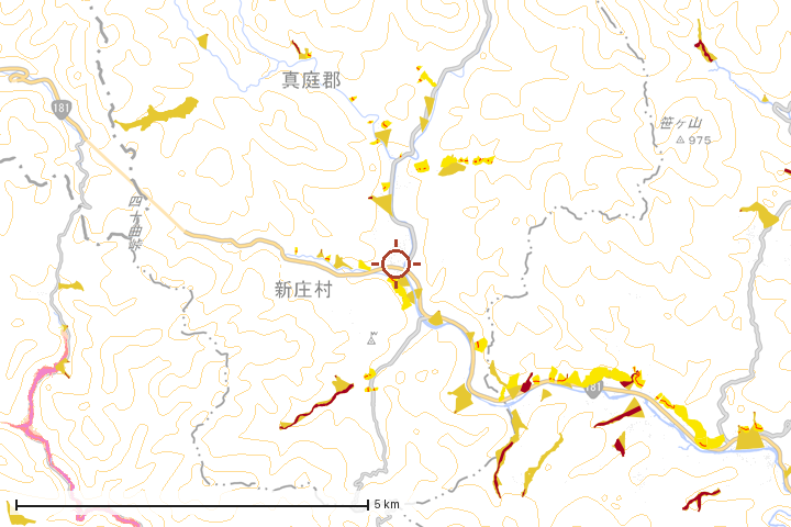 新庄村周辺のハザード重ね図