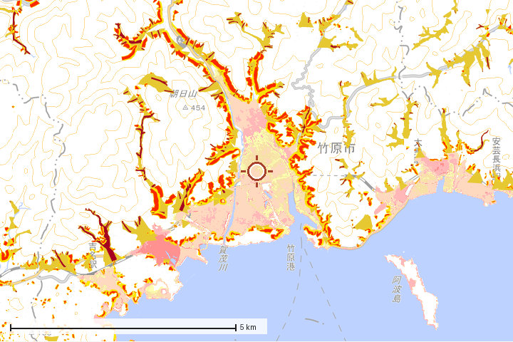 竹原市周辺のハザード重ね図