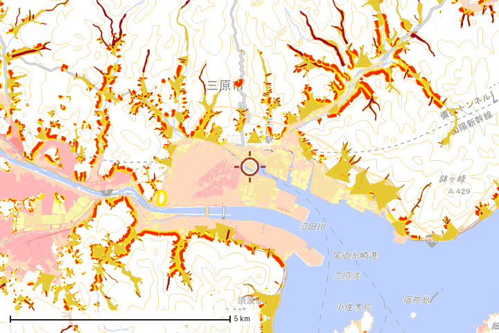 三原市周辺のハザード重ね図
