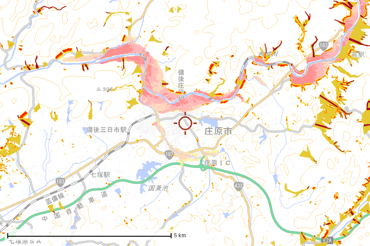 庄原市周辺のハザード重ね図