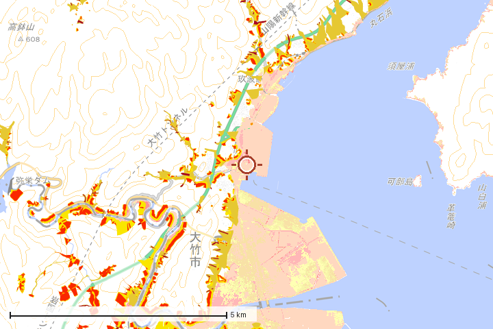 大竹市周辺のハザード重ね図