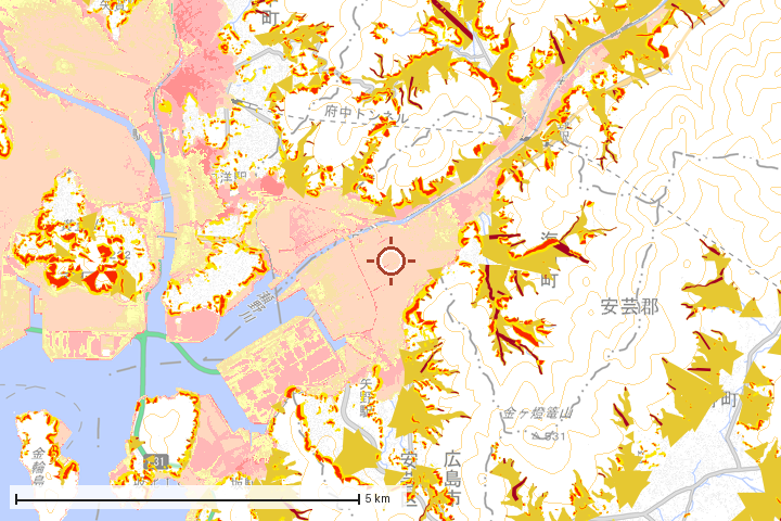 海田町周辺のハザード重ね図