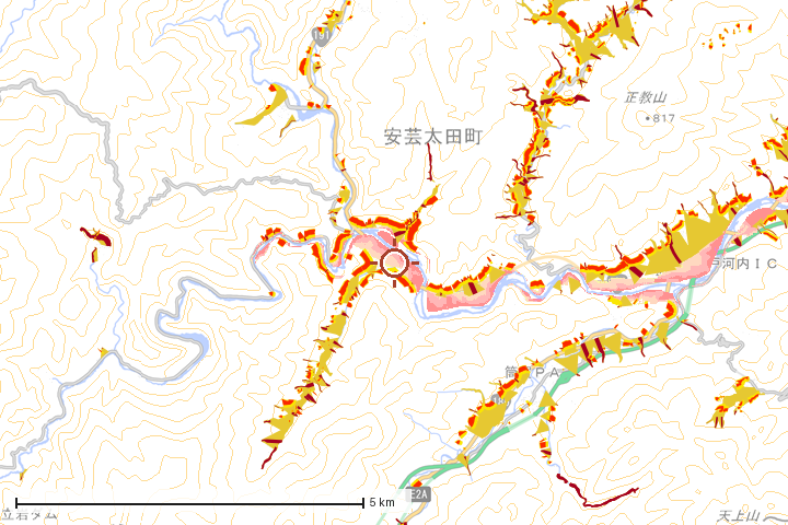 安芸太田町周辺のハザード重ね図