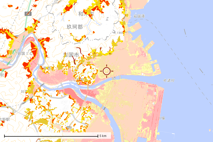 岩国市周辺のハザード重ね図