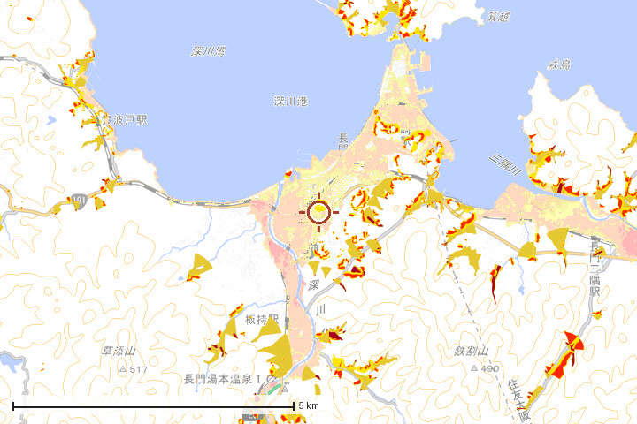 長門市周辺のハザード重ね図