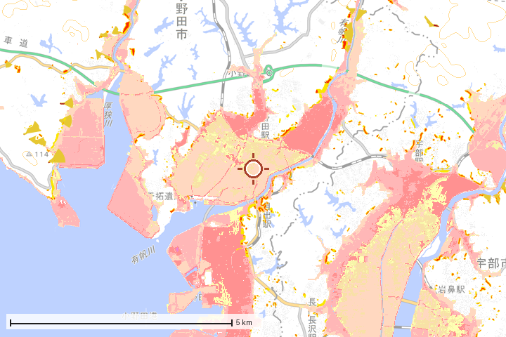 山陽小野田市周辺のハザード重ね図