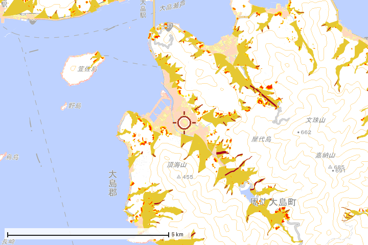 周防大島町周辺のハザード重ね図