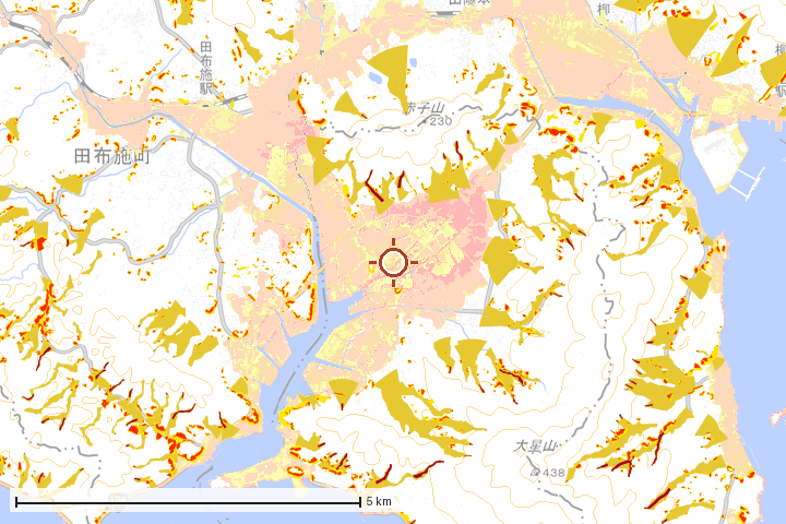 平生町周辺のハザード重ね図