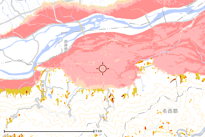 吉野川市周辺のハザード重ね図