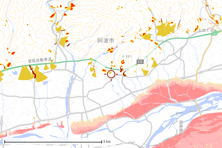 阿波市周辺のハザード重ね図