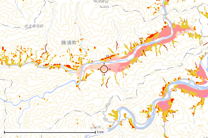勝浦町周辺のハザード重ね図