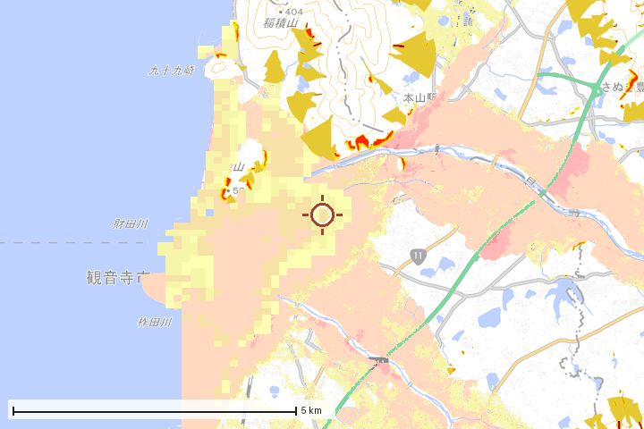 観音寺市周辺のハザード重ね図
