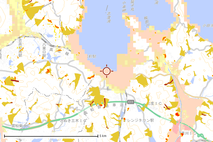 さぬき市周辺のハザード重ね図