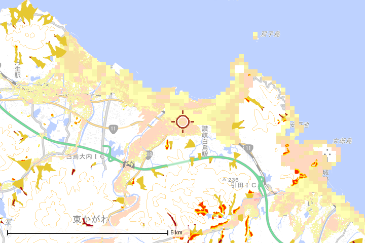東かがわ市周辺のハザード重ね図