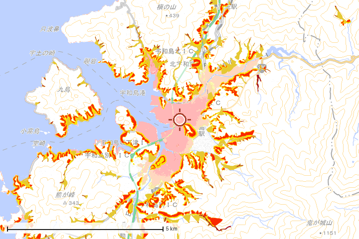 宇和島市周辺のハザード重ね図