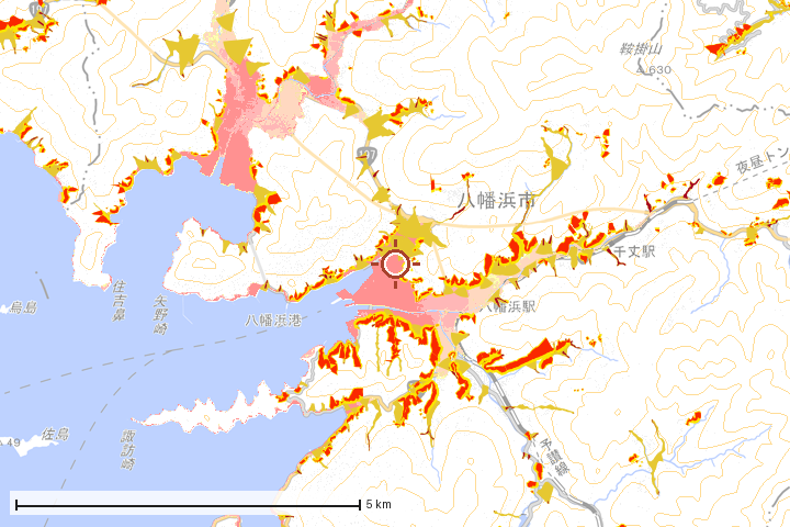 八幡浜市周辺のハザード重ね図