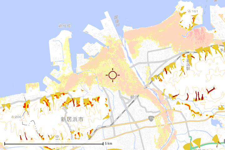 新居浜市周辺のハザード重ね図