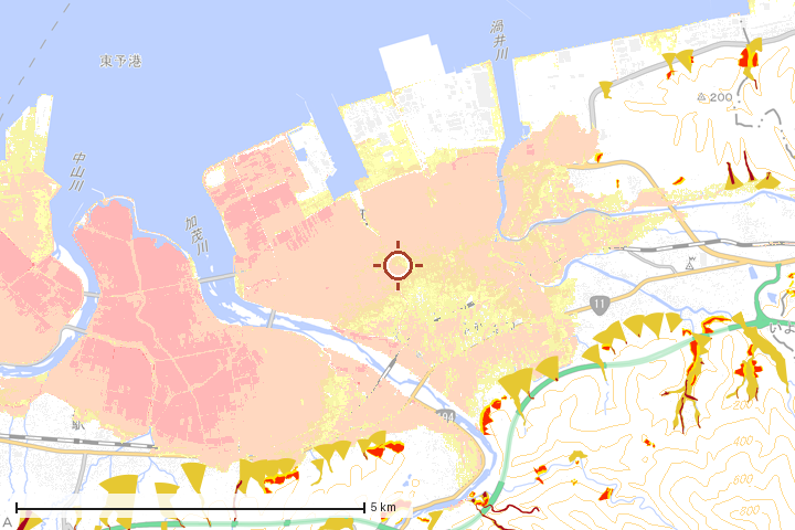 西条市周辺のハザード重ね図