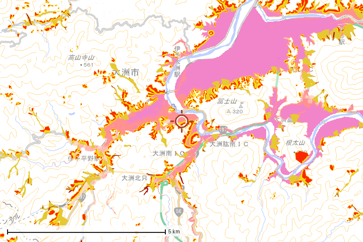 大洲市周辺のハザード重ね図