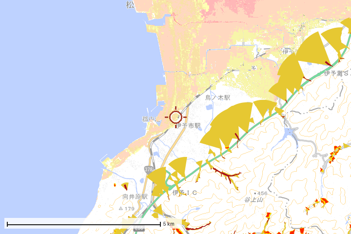 伊予市周辺のハザード重ね図