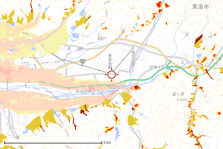 東温市周辺のハザード重ね図