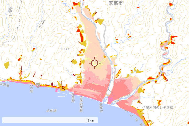 安芸市周辺のハザード重ね図