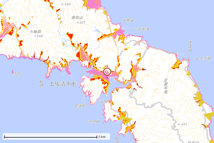 土佐清水市周辺のハザード重ね図