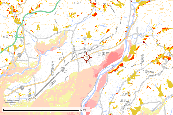 香美市周辺のハザード重ね図