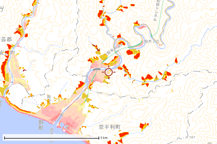 北川村周辺のハザード重ね図