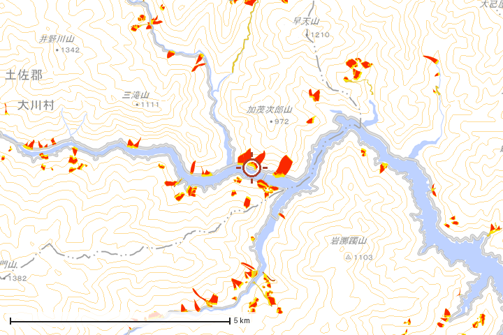 大川村周辺のハザード重ね図