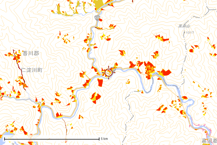 仁淀川町周辺のハザード重ね図