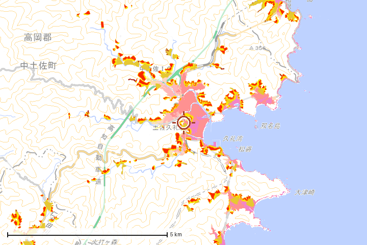 中土佐町周辺のハザード重ね図