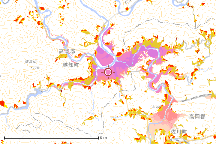 越知町周辺のハザード重ね図