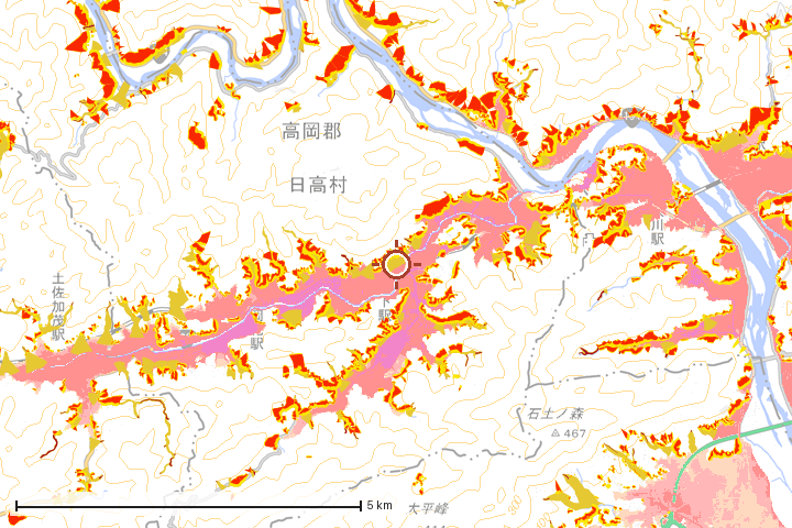 日高村周辺のハザード重ね図