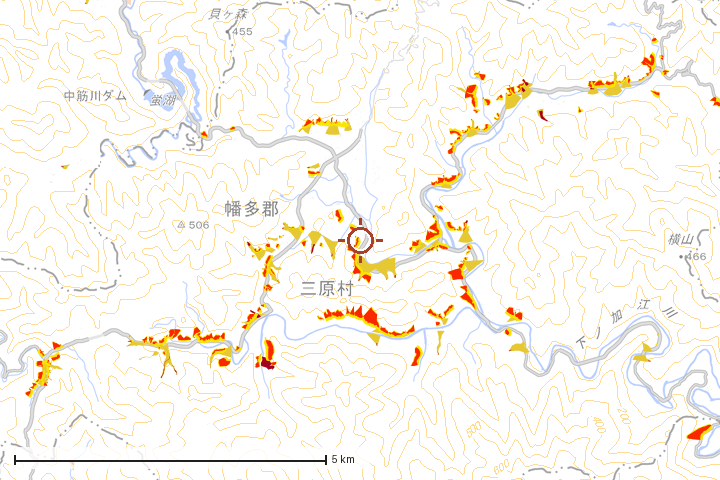 三原村周辺のハザード重ね図